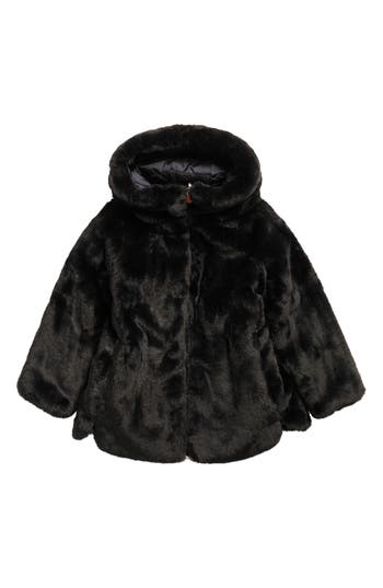 Save The Duck Kids' Flora Faux Fur Hooded Jacket In Black