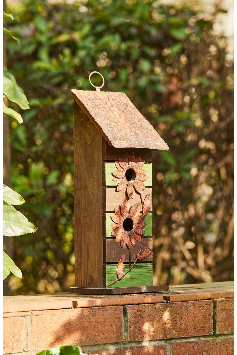 14.5"H Two-Tiered Distressed Solid Wood Birdhouse With Flowers, Alternate, color, Green
