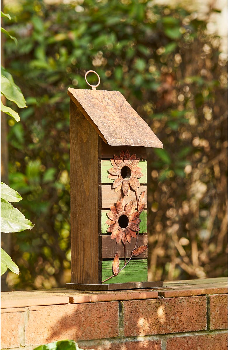 Glitzhome 14.5"H Two-Tiered Distressed Solid Wood Birdhouse With Flowers, Alternate, color, Green