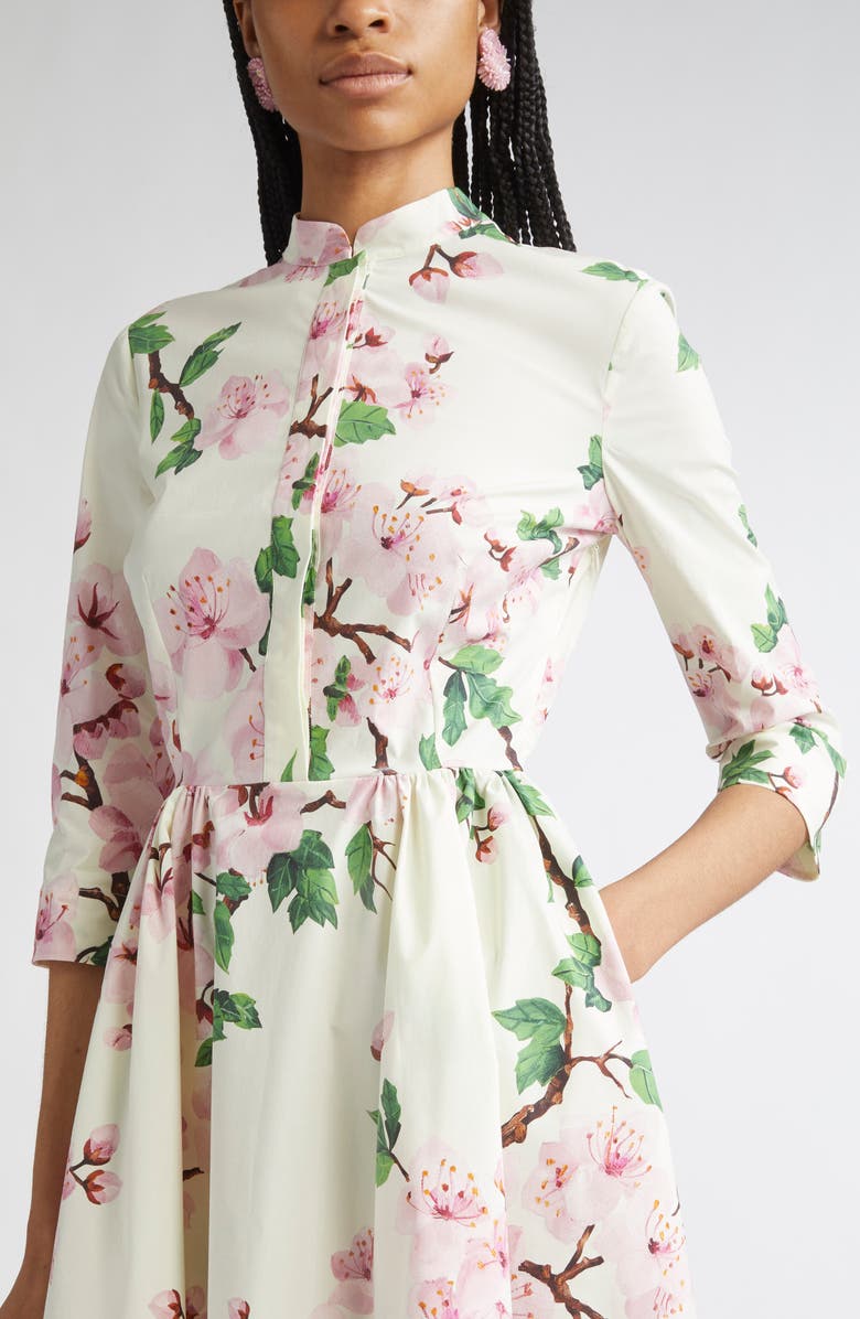 Oscar de la Renta Cherry Blossom Asymmetric Hem Stretch Poplin Shirtdress, Alternate, color, Ecru/ Pink