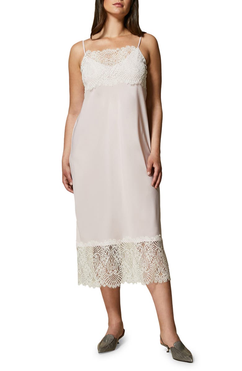 Marina Rinaldi Queen Crêpe de Chine & Lace Midi Slipdress, Main, color,