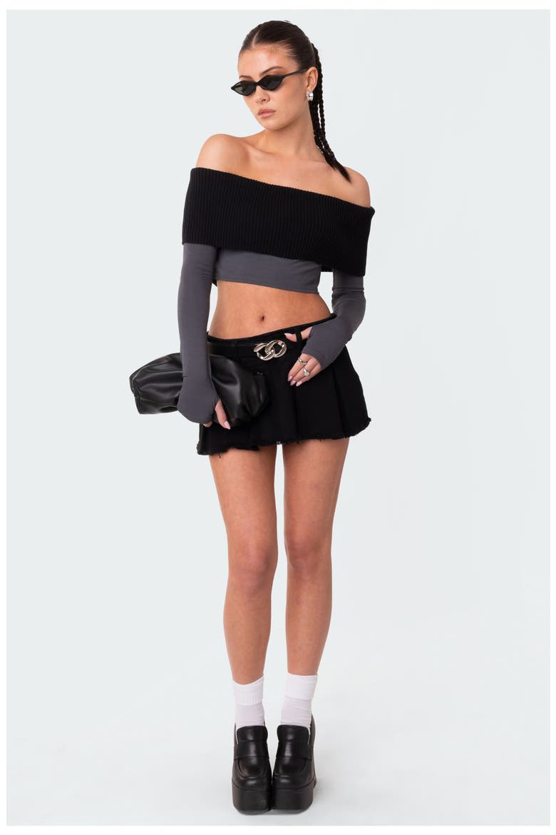 Low Rise Cotton Denim Mini Skort, Alternate, color, BLACK