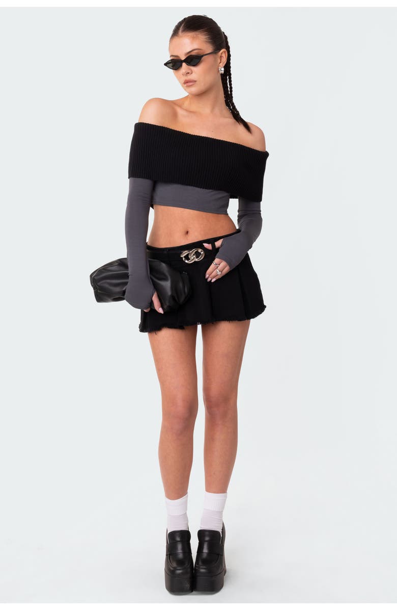 EDIKTED Low Rise Cotton Denim Mini Skort, Alternate, color, Black