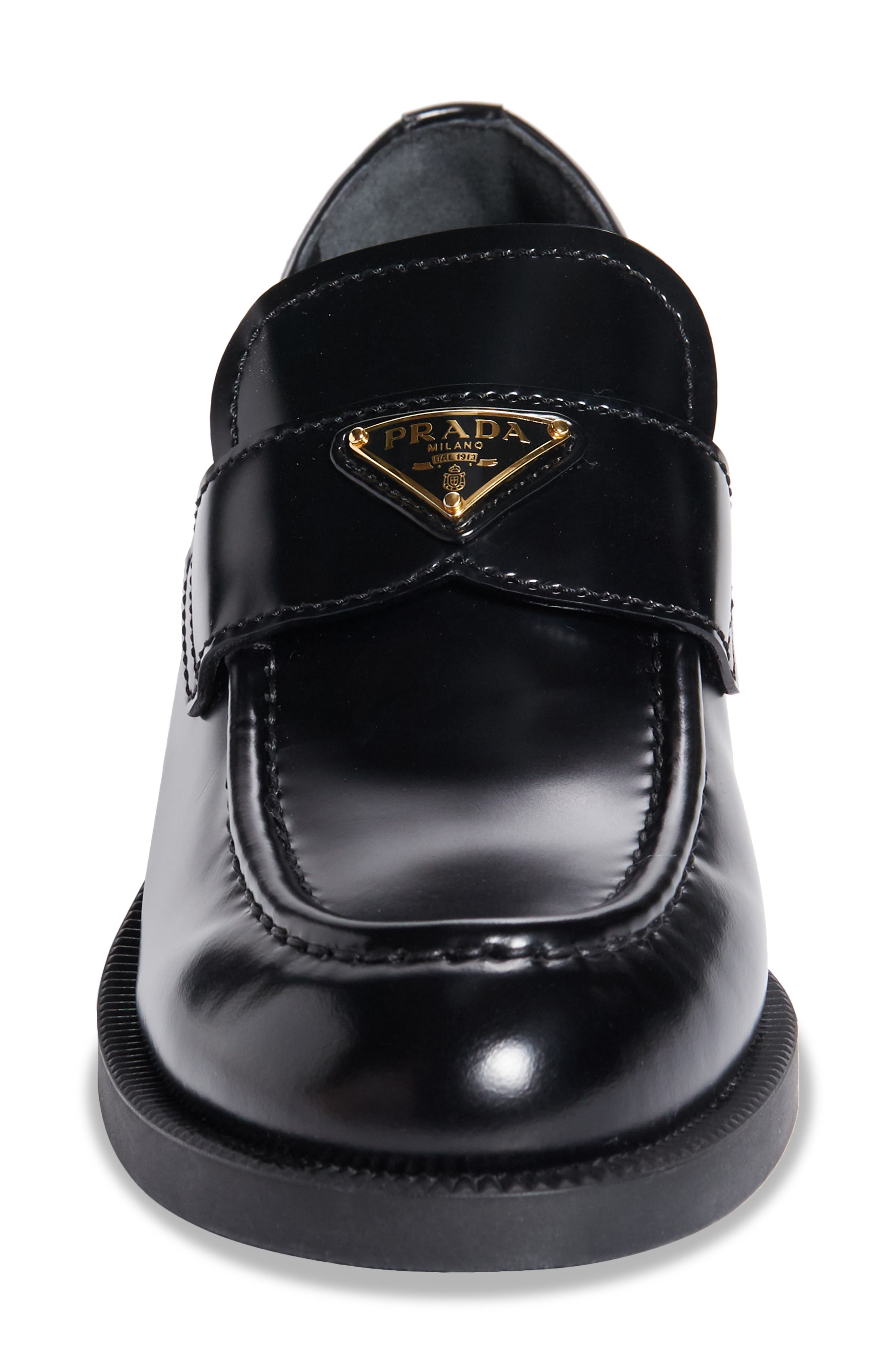 Prada Triangle Logo Patent Leather Loafer, Alternate, color, Nero
