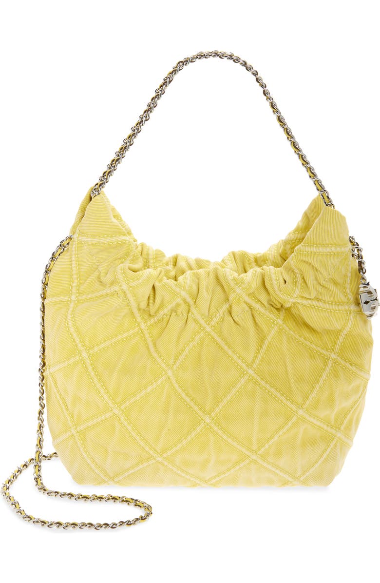 Tory Burch Mini Fleming Quilted Denim Hobo Bag, Main, color, Yellow