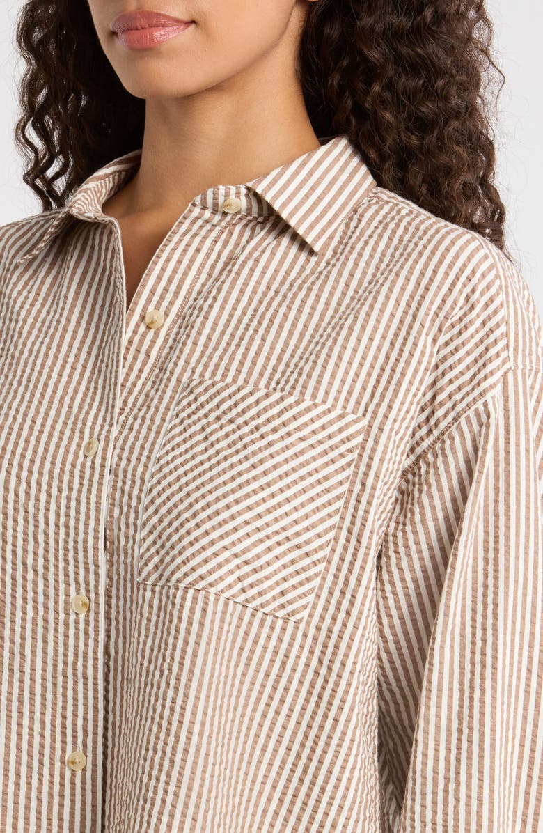 Marine Layer Gracey Stripe Oversize Cotton & Kapok Seersucker Button-Up Shirt, Alternate, color, Mocha Stripe