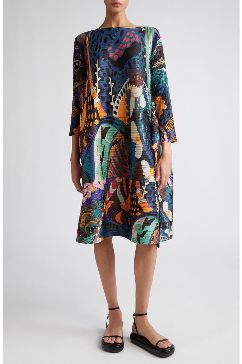 Snowrunner Print Pleated Long Sleeve Shift Dress, Main, color, DARK BLUE