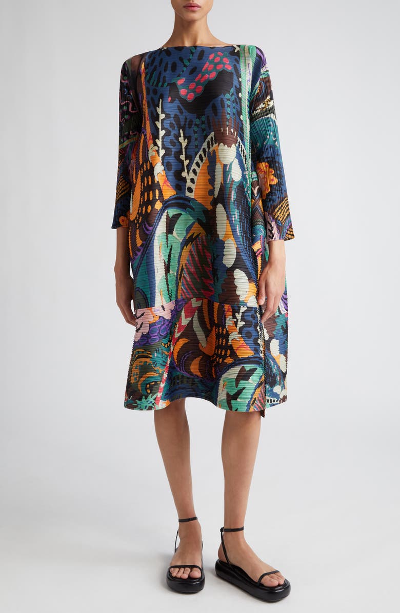 Pleats Please Issey Miyake Snowrunner Print Pleated Long Sleeve Shift Dress, Main, color, 