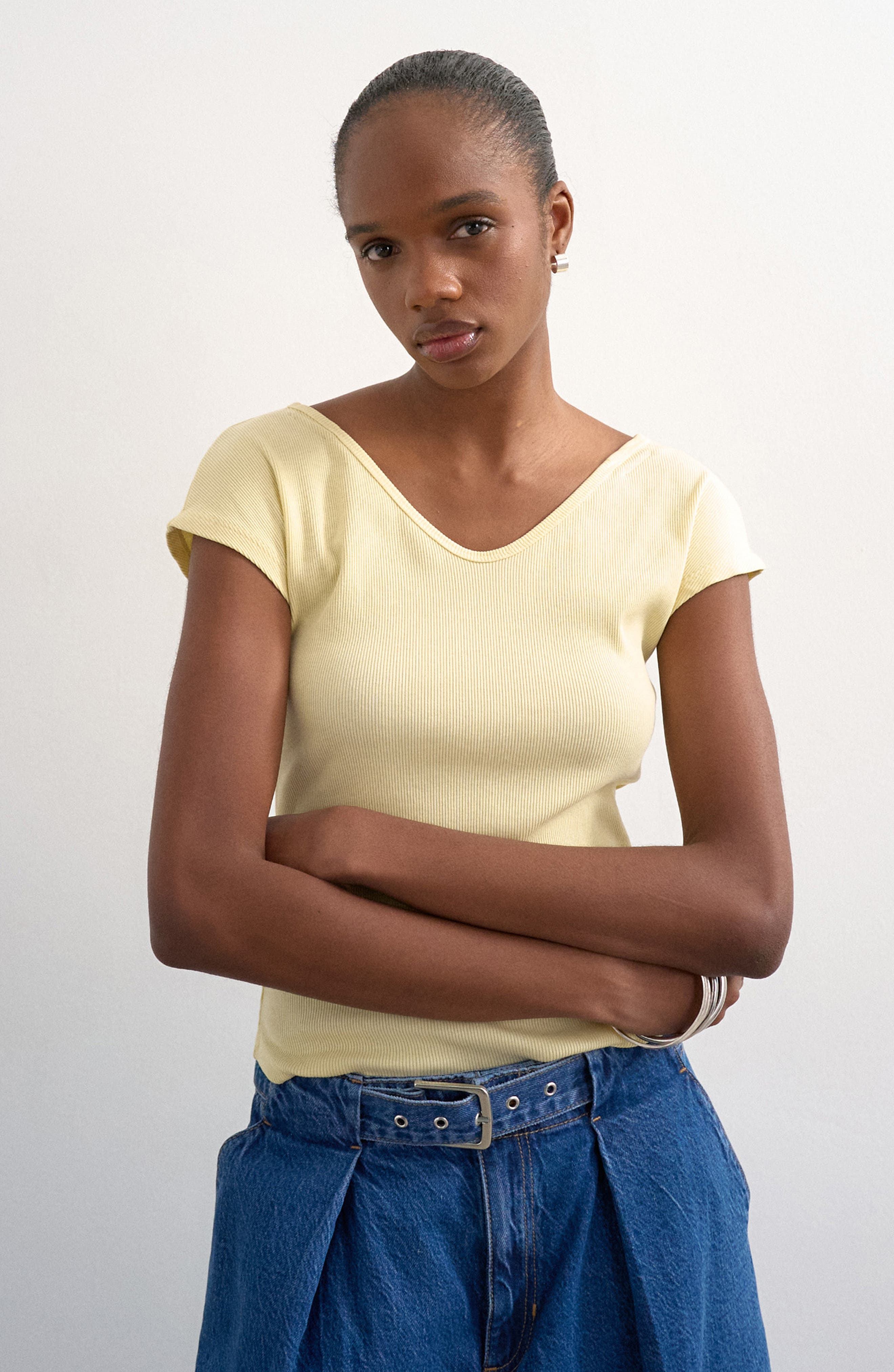 Double V-Neck Rib Knit Top