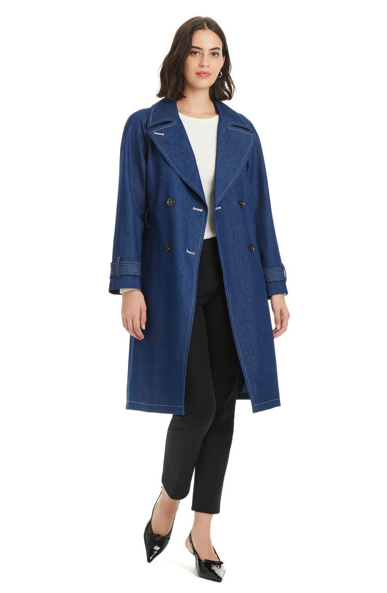 Kate Spade New York double breasted longline denim trench coat, Alternate, color, Dark Denim