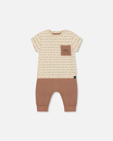Deux Par Deux Organic Cotton Top & Short Set - Tan Stripe Safari Deux Par Deux Organic Cotton Top & Short Set - Tan Stripe Safari