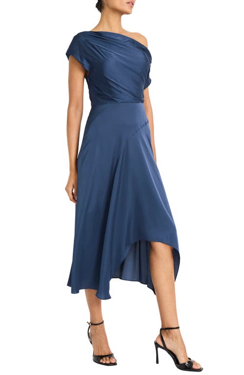 MAGGY LONDON MAGGY LONDON ASYMMETRIC NECK & HEM SATIN COCKTAIL MIDI DRESS