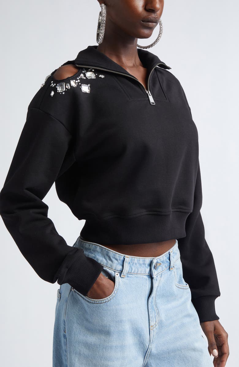 Area Crystal Cluster Cutout Quarter Zip Sweatshirt, Alternate, color, Black