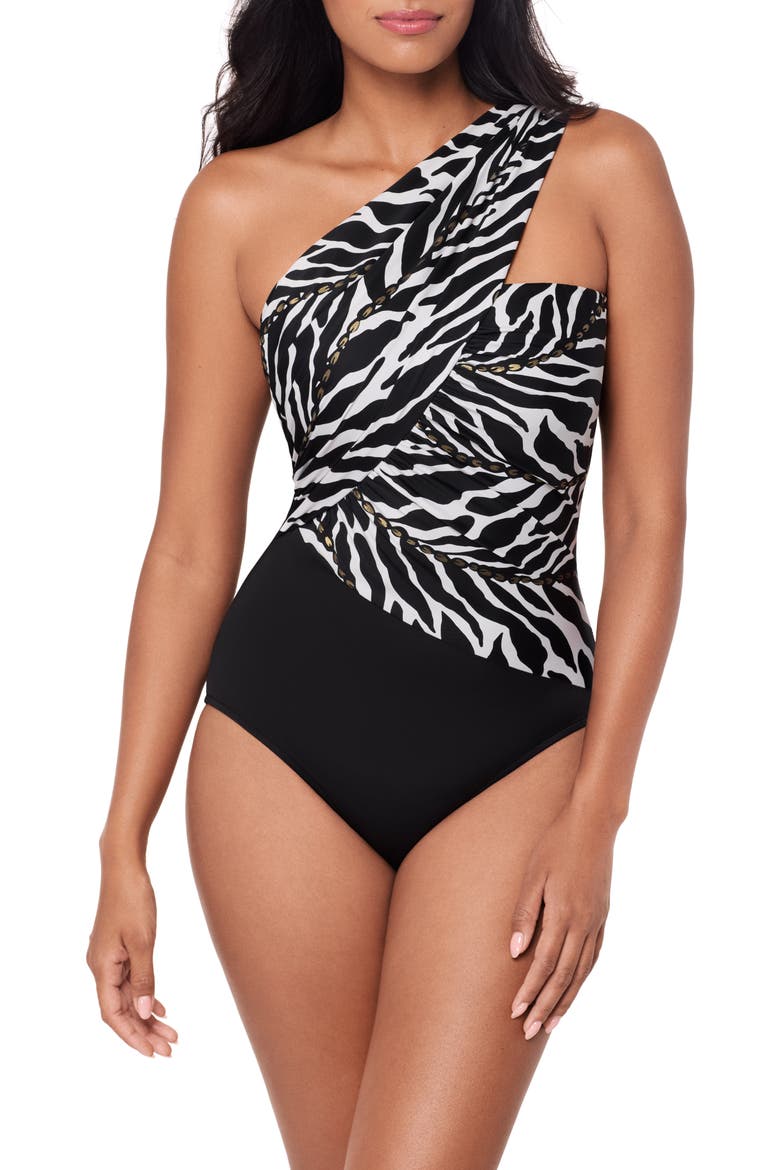 Sand Tracks Goddess Convertible Strap One-Piece Swimsuit, Main, color, BLACK/ WHITE