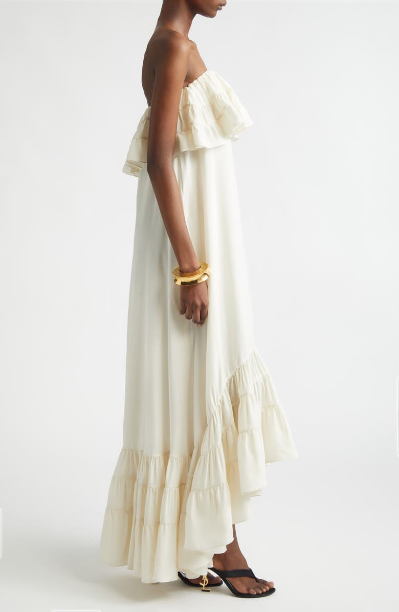 Saint Laurent Ruffled Strapless Silk Dress, Alternate, color, Craie