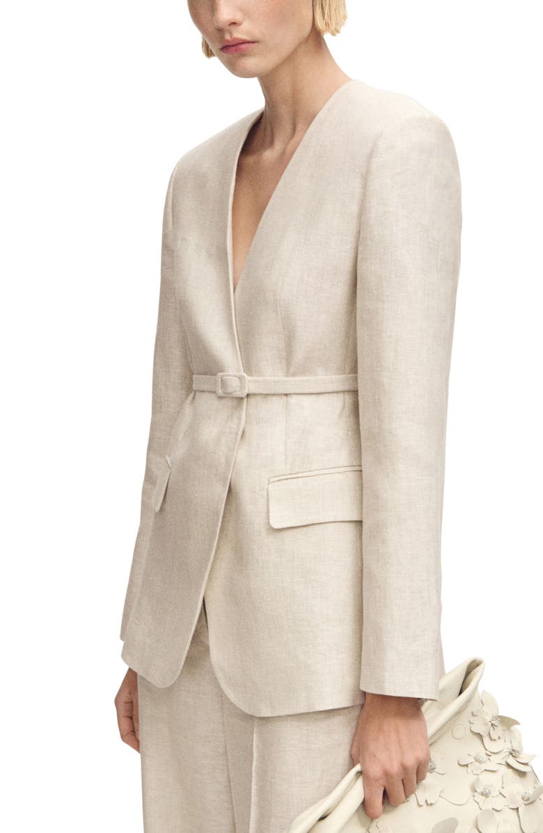MANGO Belted Linen Blazer, Main, color, Light/ Pastel Grey