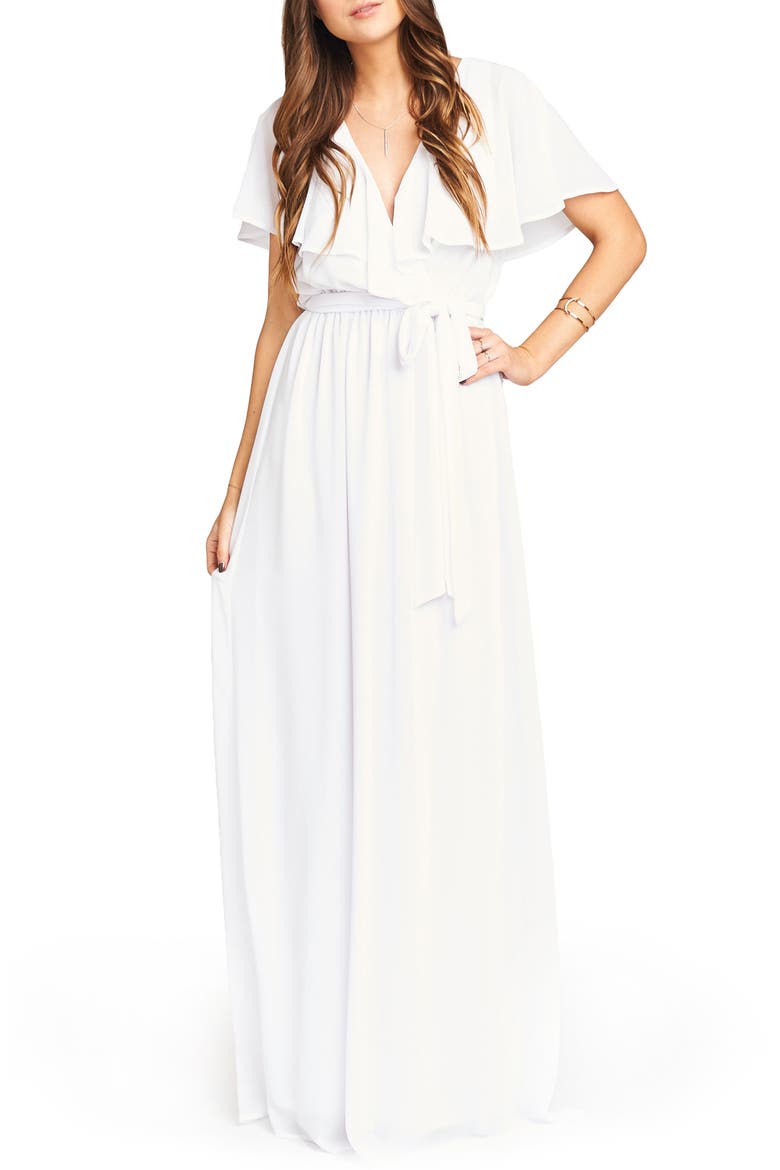 Audrey Ruffle Wrap Front Gown, Main, color, WHITE CHIFFON