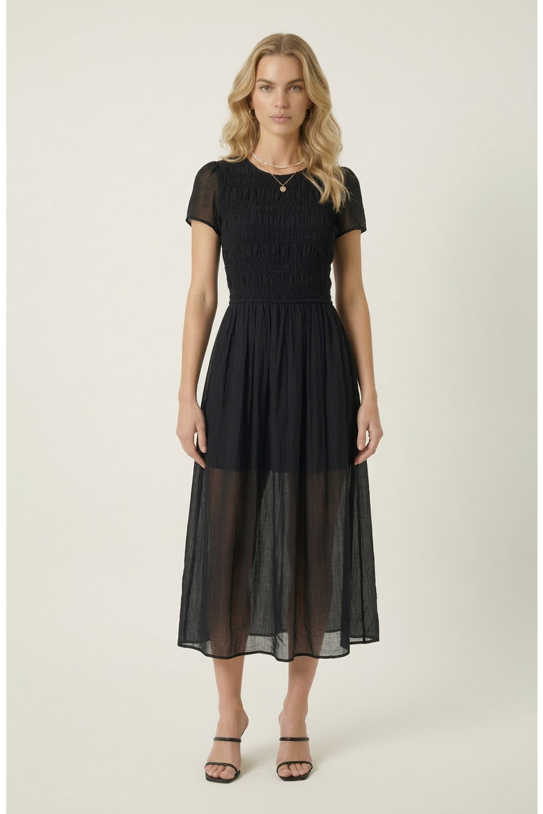 Sheer Overlay Midi Dress with Smocked Bodice, Main, color, Black