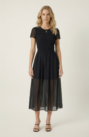 Modenaire Sheer Overlay Midi Dress with Smocked Bodice