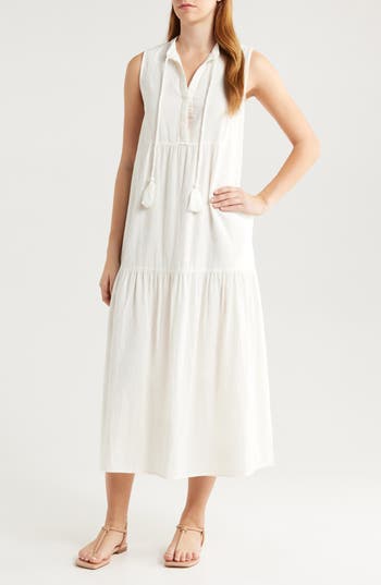 Elan Tiered Cotton & Linen Cover-up Dress In White
