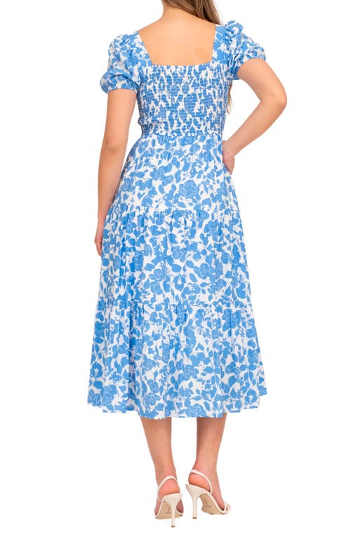 August Sky Floral Puff Sleeve Smocked Midi Dress In Blue Multi