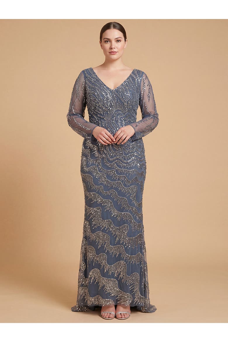 Long Sleeve V-Neck Sheath Gown, Main, color, Gunmetal
