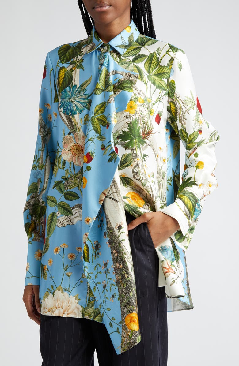 MONSE Floral Skeleton Print Silk Button-Up Shirt, Alternate, color, 