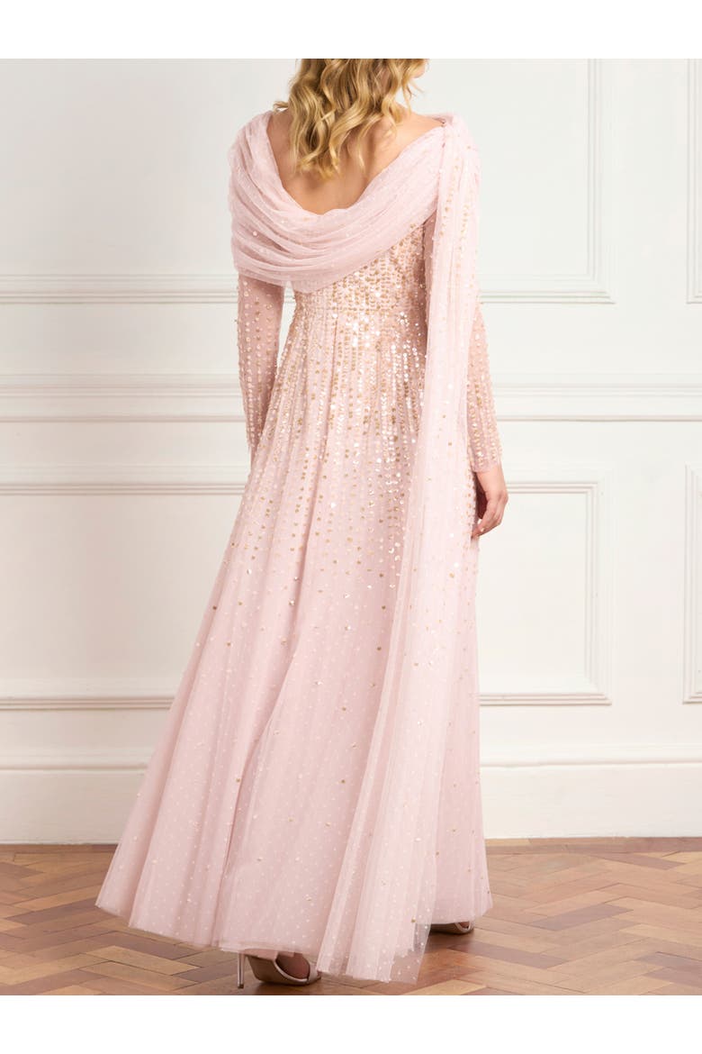 Moonlight Sequin Draped Long Sleeve Gown, Alternate, color, Shell/Gold