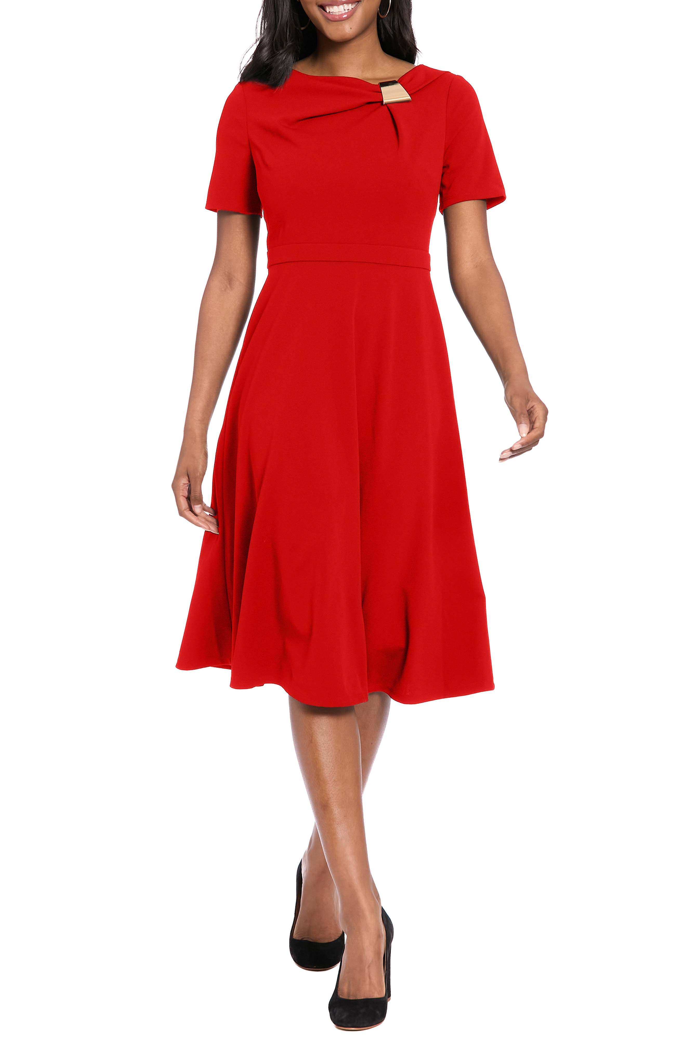 Hardware Detail Short Sleeve Fit & Flare Midi Dress