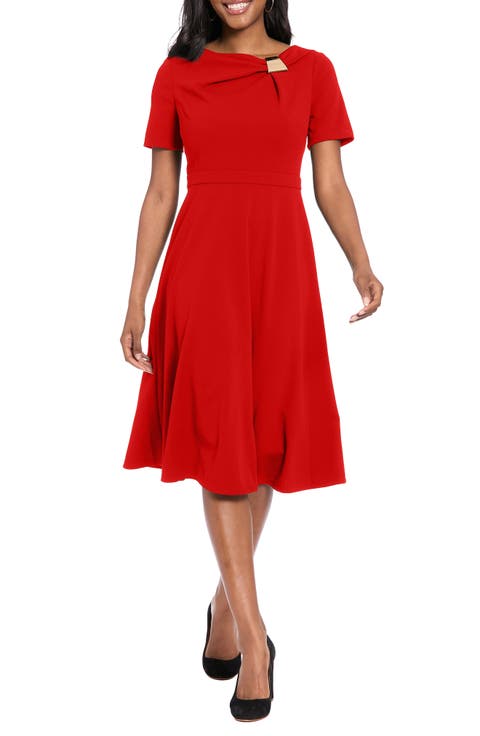 Hardware Detail Short Sleeve Fit & Flare Midi Dress