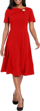 London Times Hardware Detail Short Sleeve Fit & Flare Midi Dress