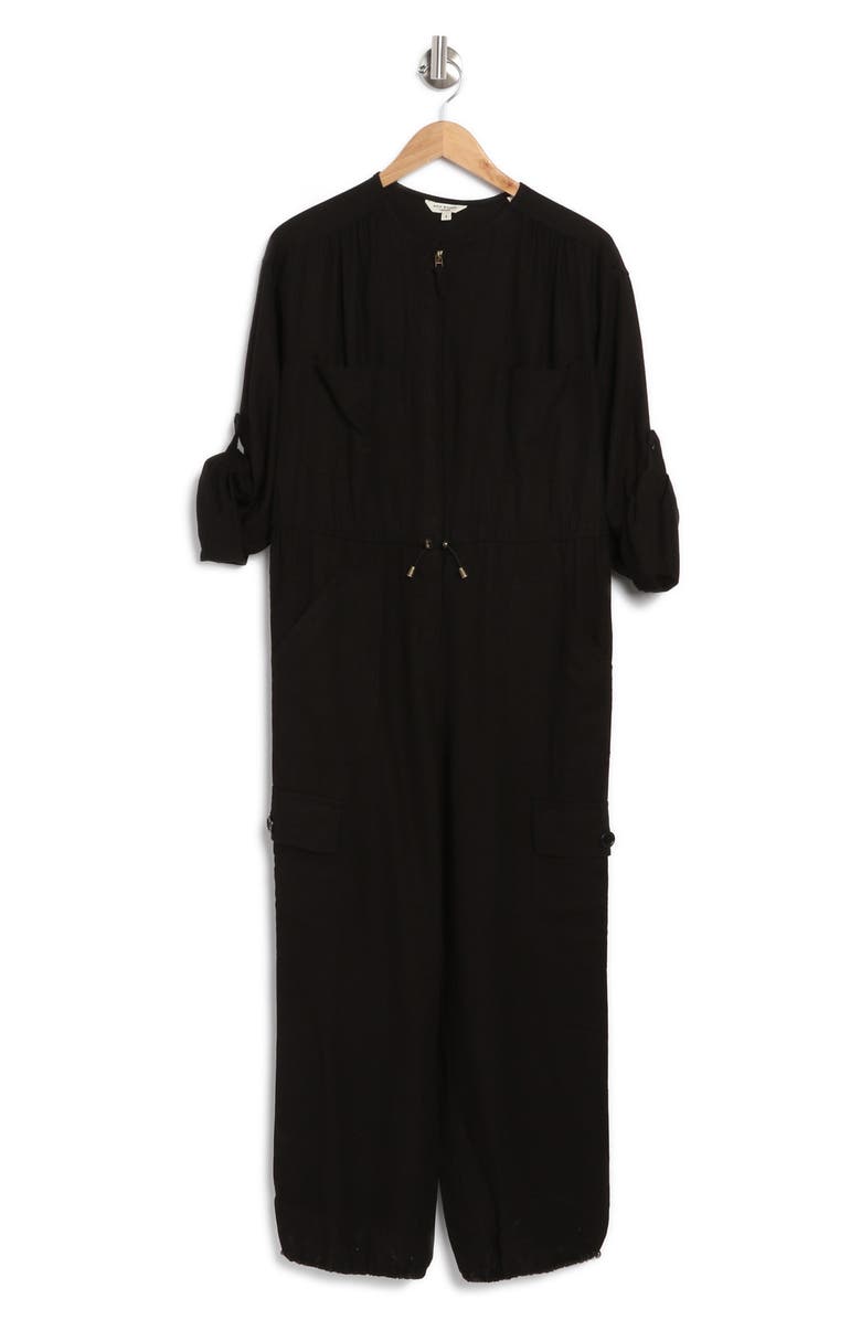 MAX STUDIO Drawcord Waist Long Sleeve Cargo Jumpsuit, Alternate, color, Black