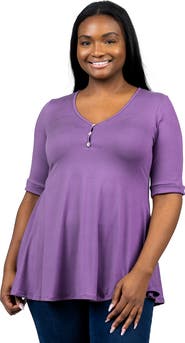 24seven Comfort Apparel Plus Size Elbow Sleeve Henley  Tunic Top