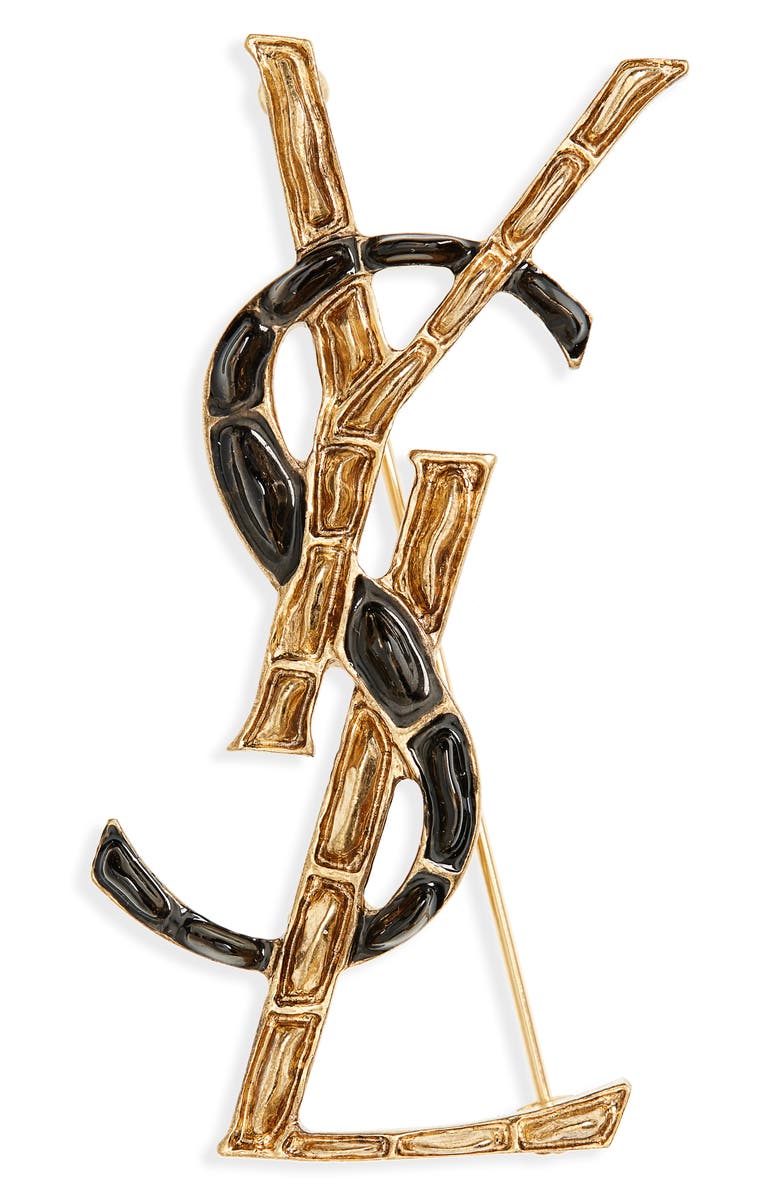 Saint Laurent Croc Textured Monogram Pin, Main, color, 