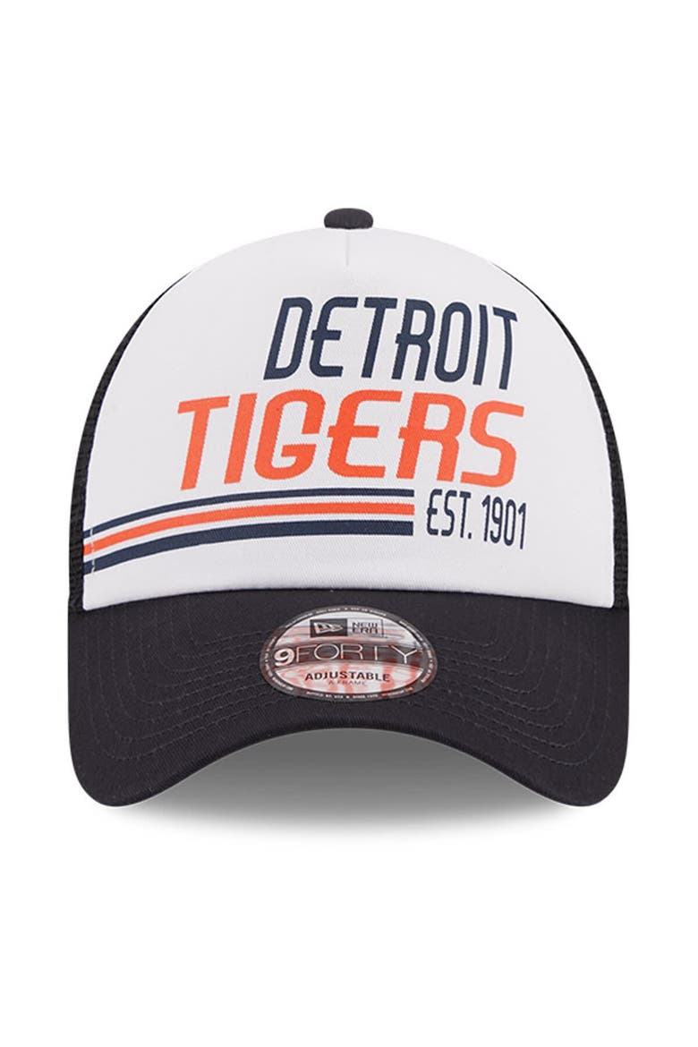 Men's New Era White/Navy Detroit Tigers Stacked A-Frame Trucker 9FORTY Adjustable Hat, Alternate, color, White
