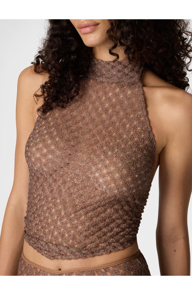 Missoni Scarf Top In Lamé Viscose With Spiderweb Motif, Alternate, color, Brown