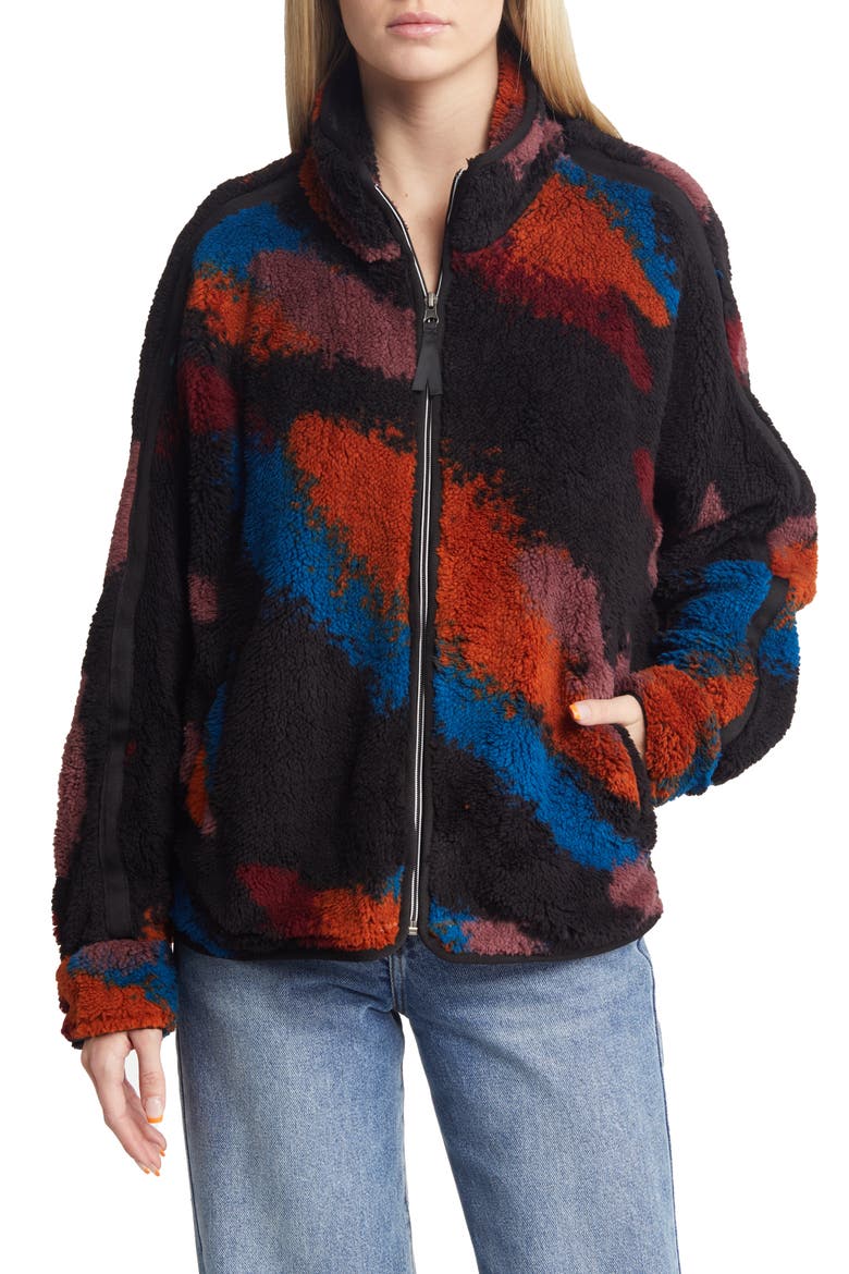 Patterned High Pile Fleece Jacket, Alternate, color, BLACK MULTI BRUSH STROKE