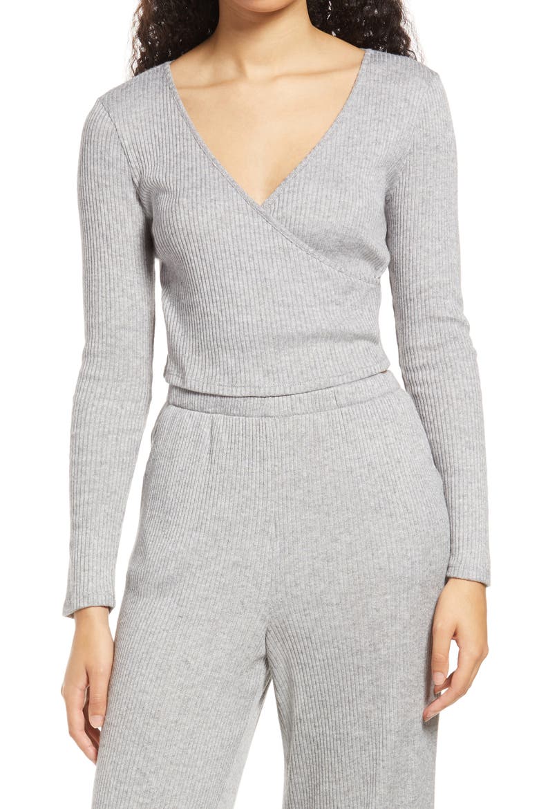 Faux Wrap Crop Top, Main, color, HEATHER GREY