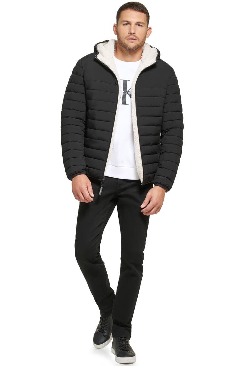 Faux Shearling Lined Hooded Puffer Jacket, Alternate, color, EBONY