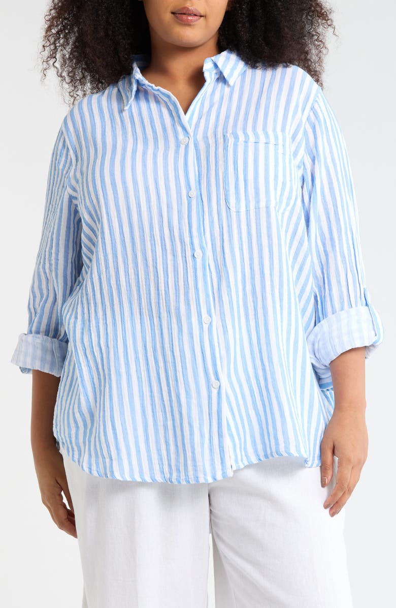 beachlunchlounge Alena Cotton Button-Up Shirt, Main, color, Bluebell