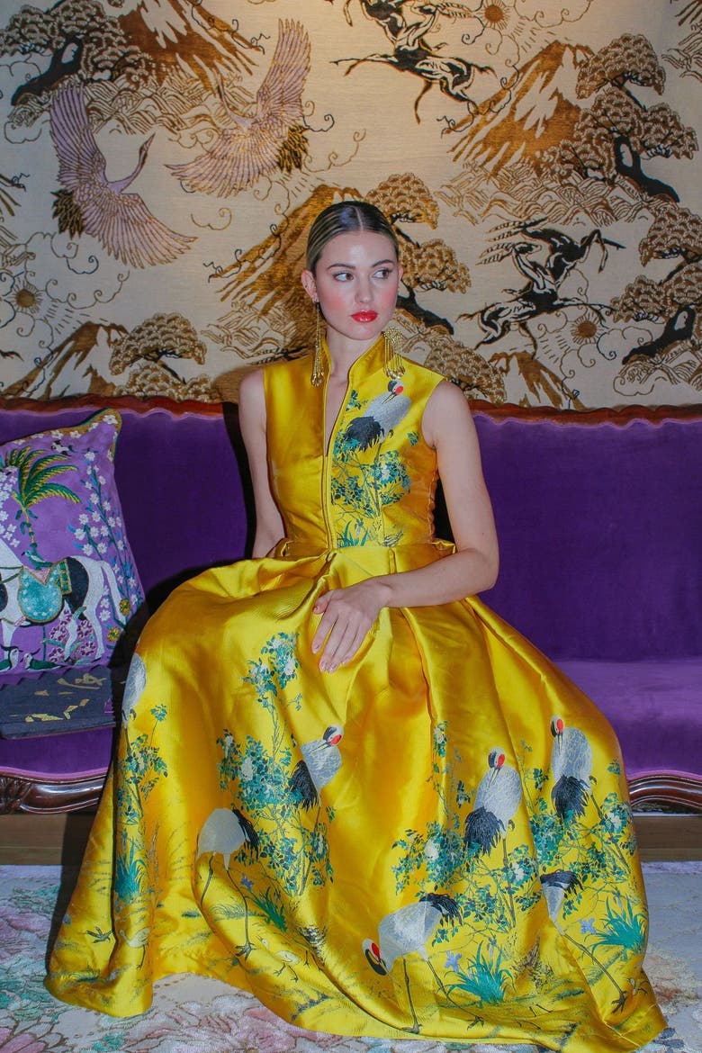 Royal Crane Dress, Alternate, color, Yellow