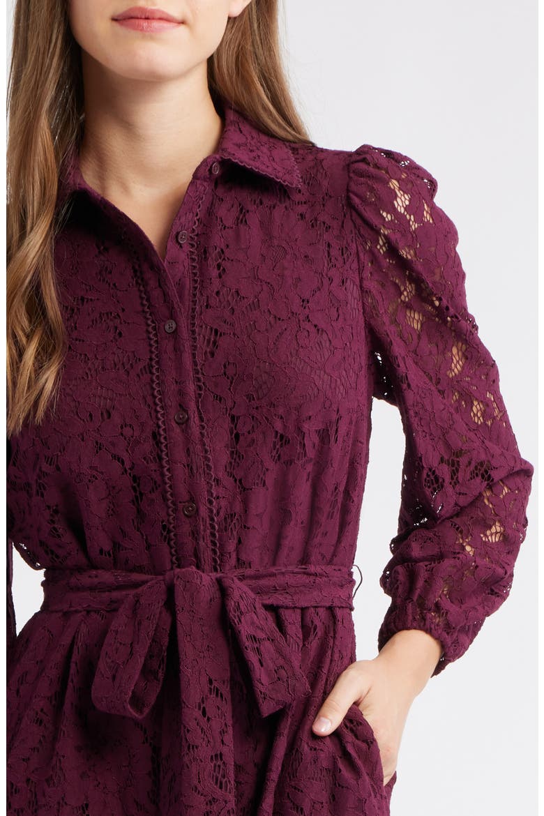 Lace Long Sleeve Tiered Shirtdress, Alternate, color, DARK CHIANTI