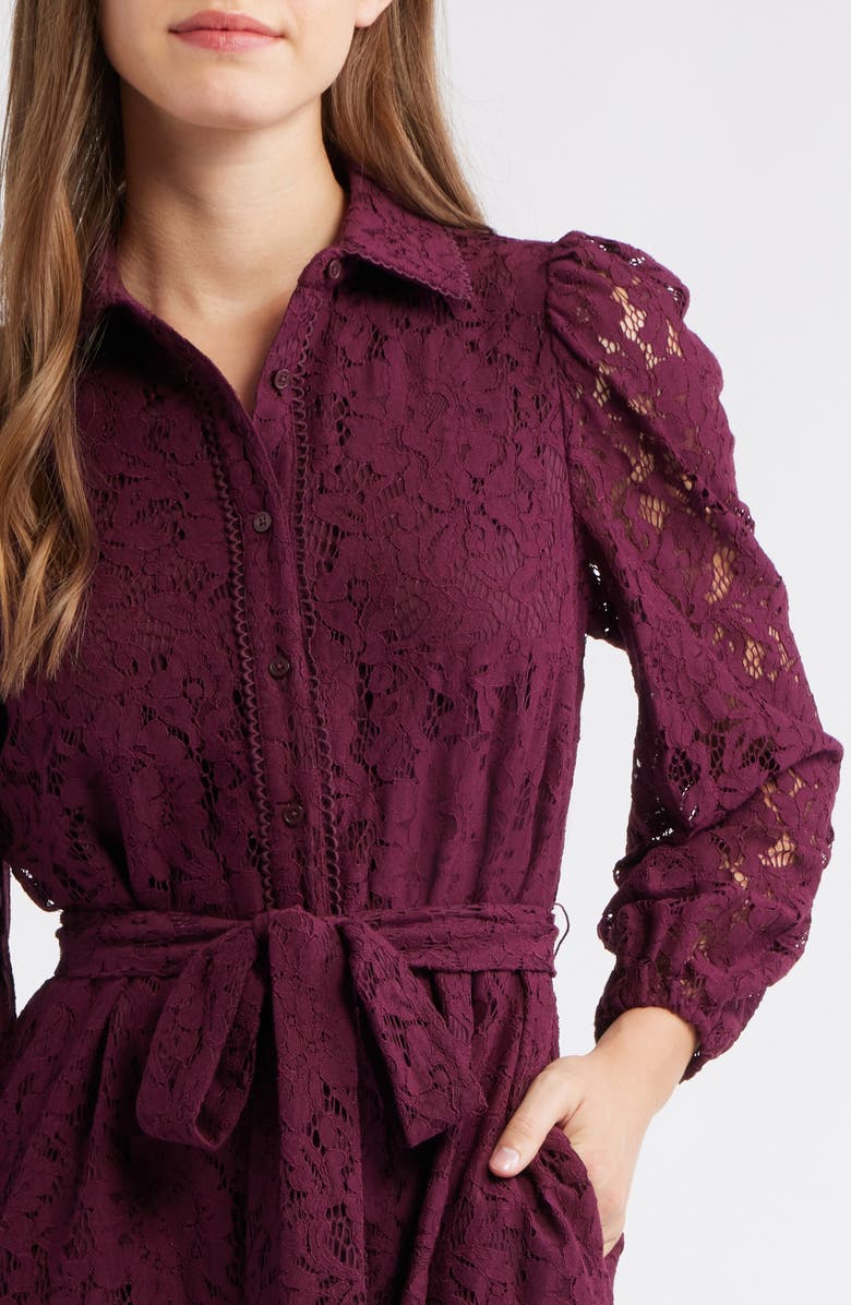 Anne Klein Lace Long Sleeve Tiered Shirtdress, Alternate, color, Dark Chianti