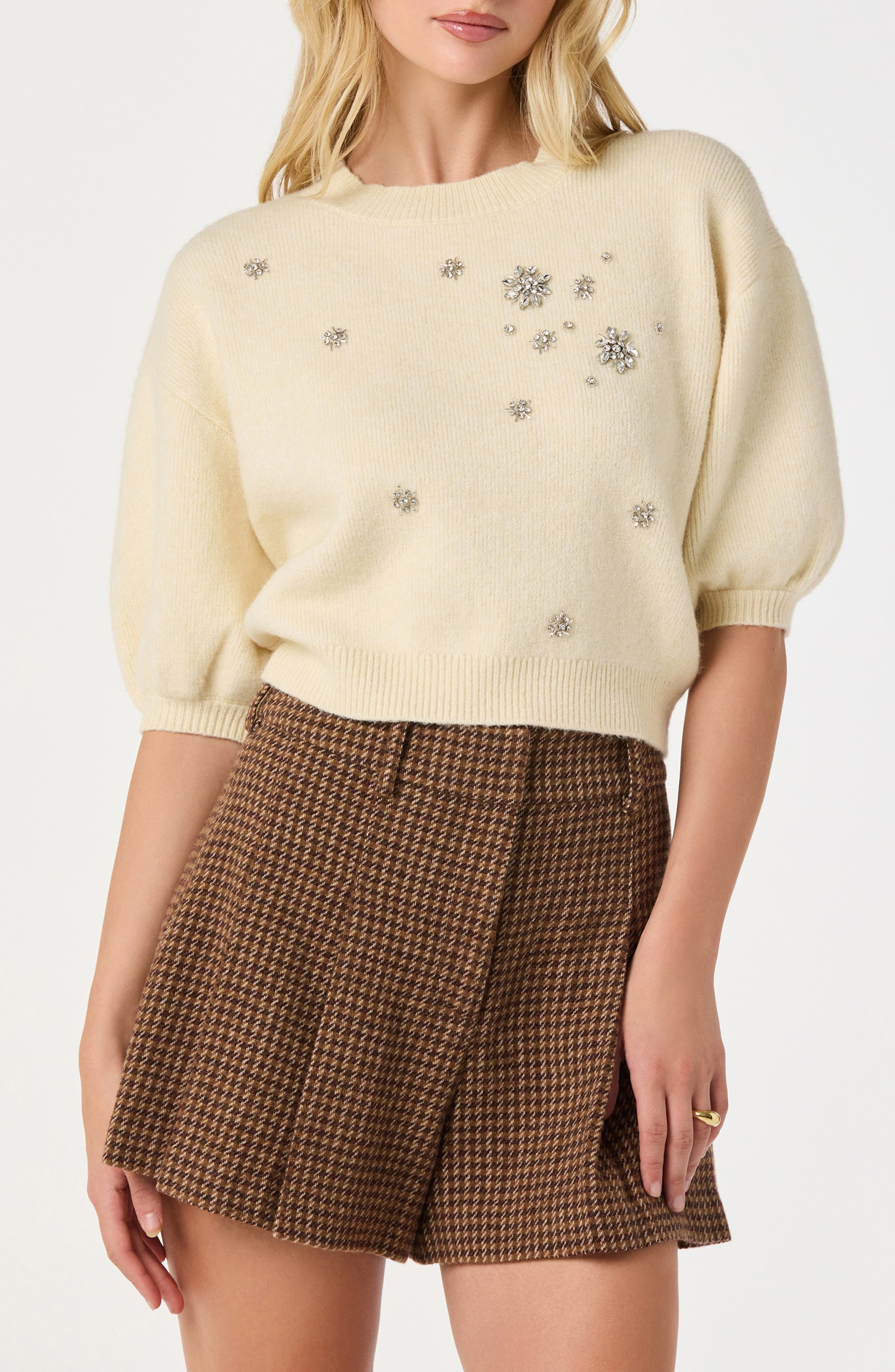 ASTR the Label Crystal Embellished Short Sleeve Sweater