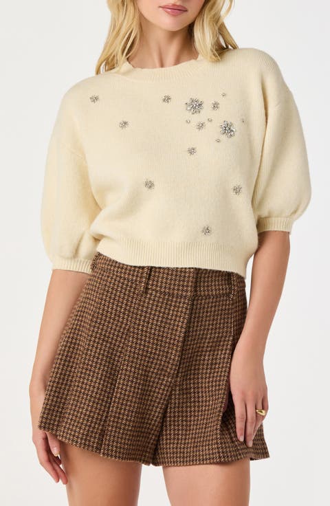 Crystal Embellished Short Sleeve Sweater