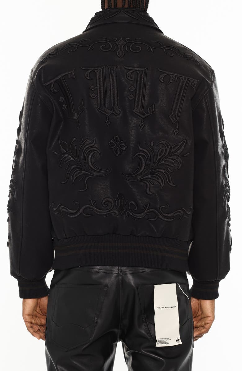 Cult of Individuality Embroidered Varsity Jacket, Alternate, color, Black