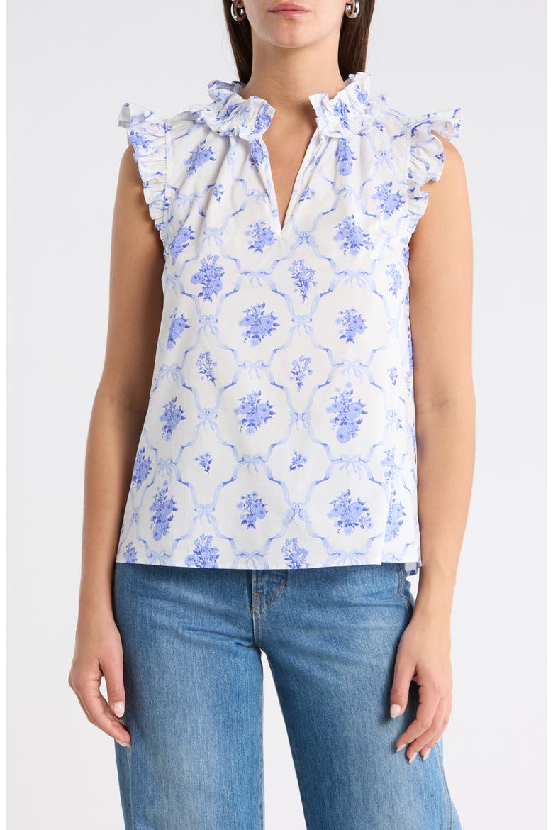 Nia Floral Jaye Flutter Sleeve Stretch Cotton Top, Main, color, WHITE-BLUE