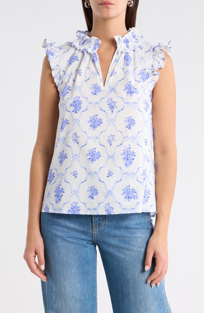 SUGARLIPS Nia Floral Jaye Flutter Sleeve Stretch Cotton Top, Main, color, White-Blue