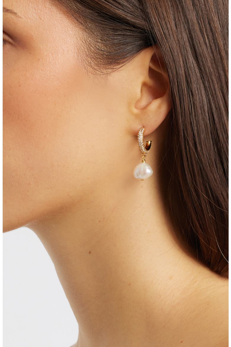 Cultured Pearl Drop Crystal Hoop Earrings, Alternate, color, PEARL