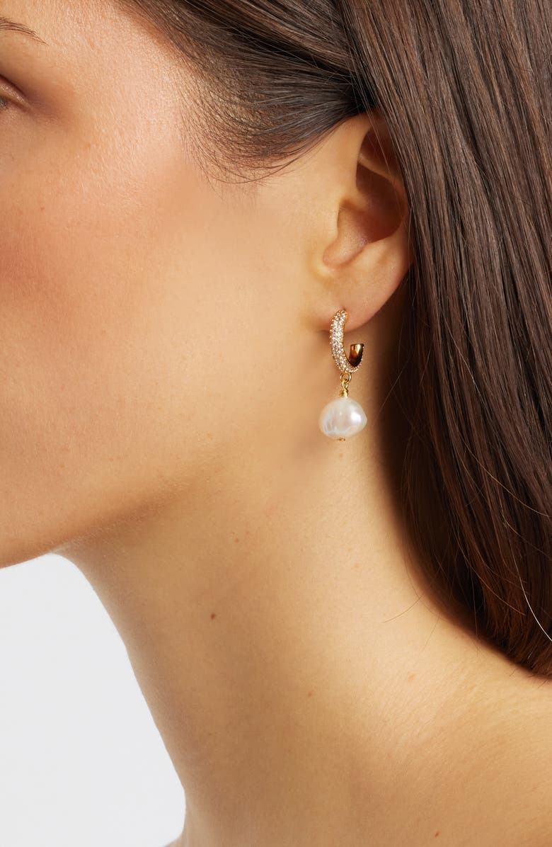 NEST Jewelry Cultured Pearl Drop Crystal Hoop Earrings, Alternate, color, Pearl